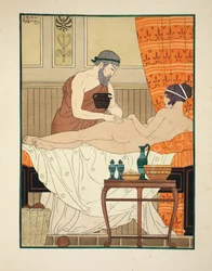 Nakładanie białych egipskich perfum na biodro, ilustracja z „Dzieł Hipokratesa”, 1934